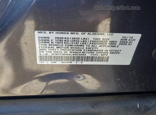 5FNYF6H04LB023263 2020 HONDA PILOT Gray 