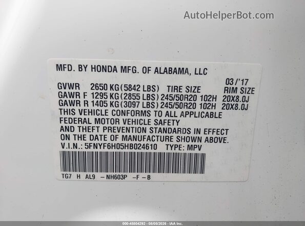 5FNYF6H05HB024610 2017 HONDA PILOT White Vista del compartimento del motor