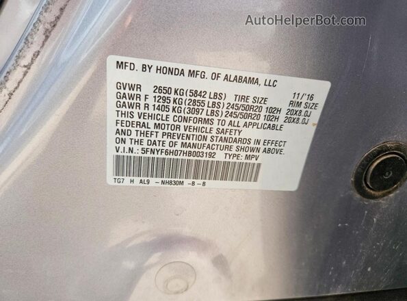 5FNYF6H07HB003192 2017 HONDA PILOT Silver Widok naklejki z numerem VIN