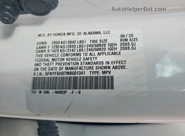 5FNYF6H07MB001341 2021 HONDA PILOT White Widok naklejki z numerem VIN
