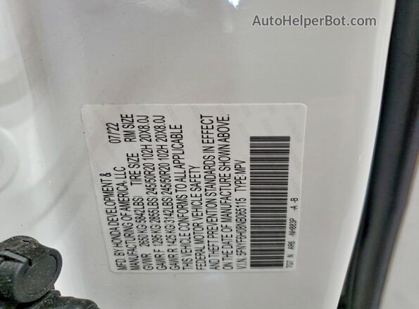 5FNYF6H08NB065115 2022 HONDA PILOT White Вид підкапотного простору