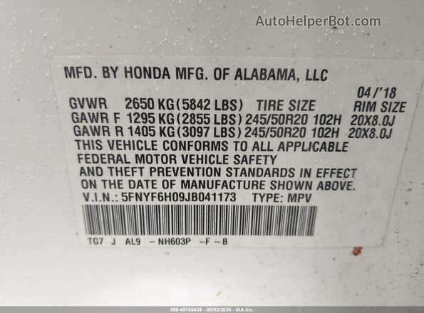 5FNYF6H09JB041173 2018 HONDA PILOT White Вид підкапотного простору