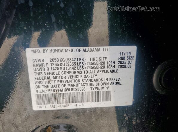 5FNYF6H09LB028698 2020 HONDA PILOT Green Widok naklejki z numerem VIN