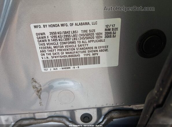 5FNYF6H0XJB003645 2018 HONDA PILOT Silver ძრავის განყოფილების ხედი