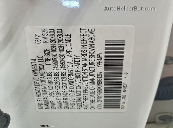 5FNYF6H0XMB091262 2021 HONDA PILOT White Widok naklejki z numerem VIN
