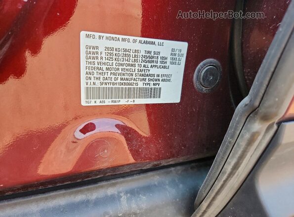 5FNYF6H10KB066215 2019 HONDA PILOT Red Vista del compartimento del motor