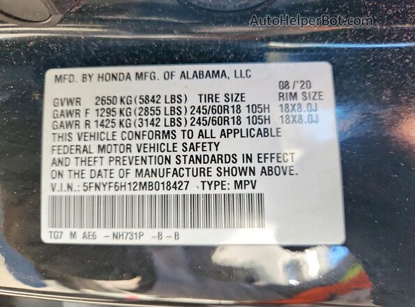 5FNYF6H12MB018427 2021 HONDA PILOT Black Vista de la etiqueta del VIN