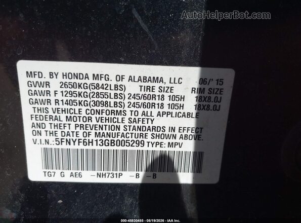 5FNYF6H13GB005299 2016 HONDA PILOT Black Vista del compartimento del motor