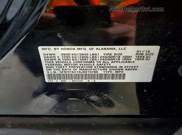5FNYF6H19JB015780 2018 HONDA PILOT Black Widok naklejki z numerem VIN