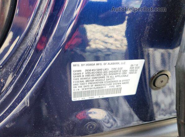 5FNYF6H19JB068611 2018 HONDA PILOT Blue VIN կոդի պիտակի տեսք