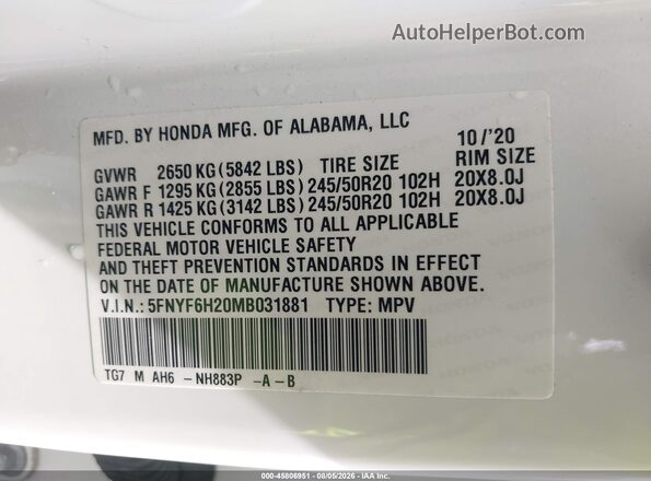 5FNYF6H20MB031881 2021 HONDA PILOT White Vista del compartimento del motor