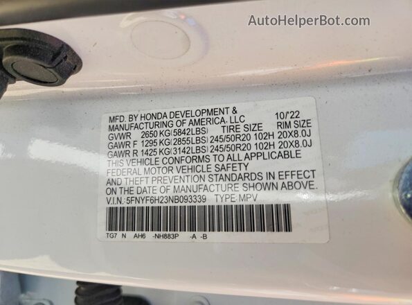 5FNYF6H23NB093339 2022 HONDA PILOT White VIN կոդի պիտակի տեսք