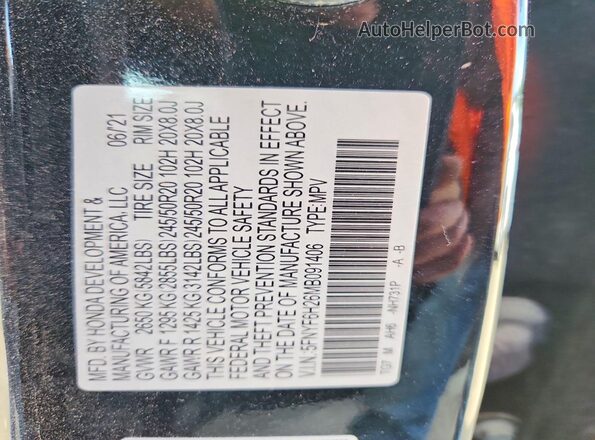 5FNYF6H26MB091406 2021 HONDA PILOT Black Widok naklejki z numerem VIN