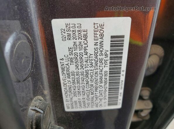 5FNYF6H27NB041809 2022 HONDA PILOT Серый Вид наклейки с VIN-кодом