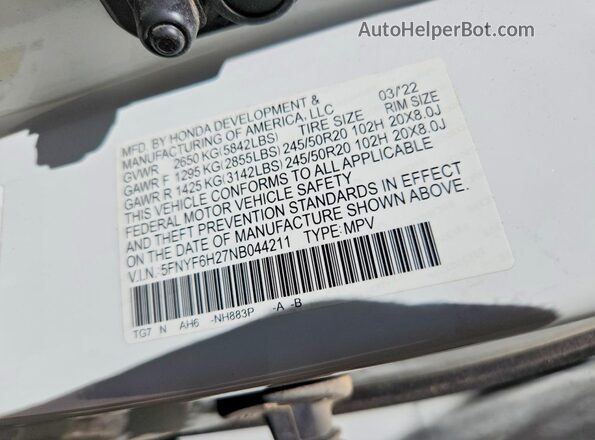 5FNYF6H27NB044211 2022 HONDA PILOT White Vista del compartimento del motor