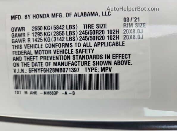 5FNYF6H28MB071397 2021 HONDA PILOT White Vista interior de 360 grados