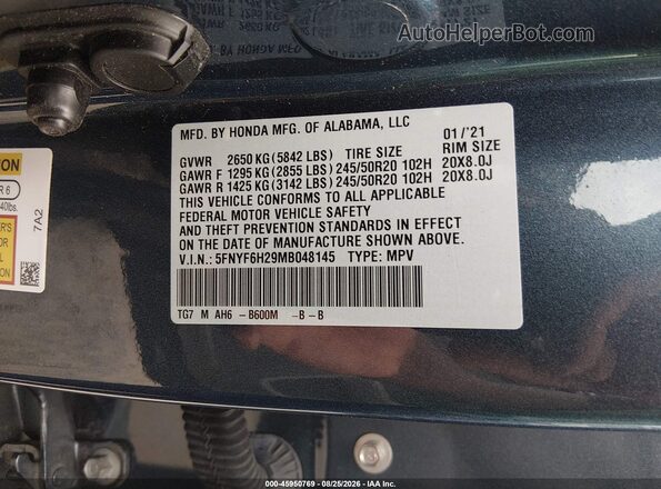 5FNYF6H29MB048145 2021 HONDA PILOT Blue Engine compartment view