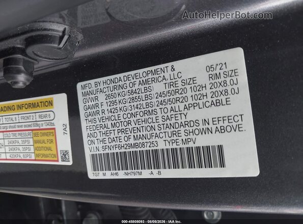5FNYF6H29MB087253 2021 HONDA PILOT Серый Вид подкапотного пространства