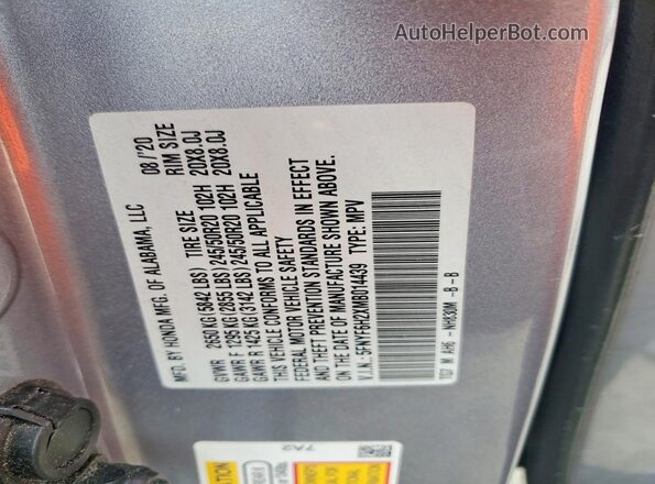 5FNYF6H2XMB014439 2021 HONDA PILOT Silver Vista de la etiqueta del VIN