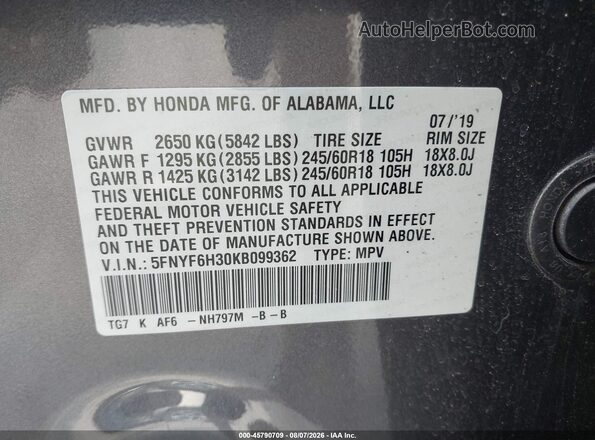 5FNYF6H30KB099362 2019 HONDA PILOT Gray Vista del compartimento del motor