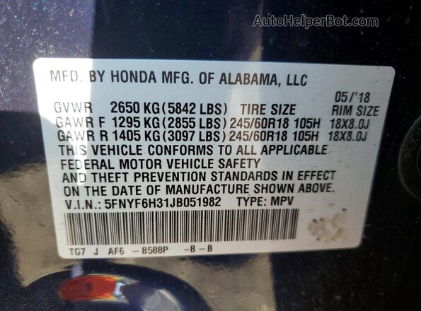 5FNYF6H31JB051982 2018 HONDA PILOT Blue VIN კოდის სტიკერის ხედი
