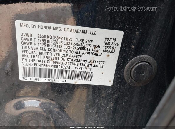 5FNYF6H31KB010978 2019 HONDA PILOT Black Vista del compartimento del motor