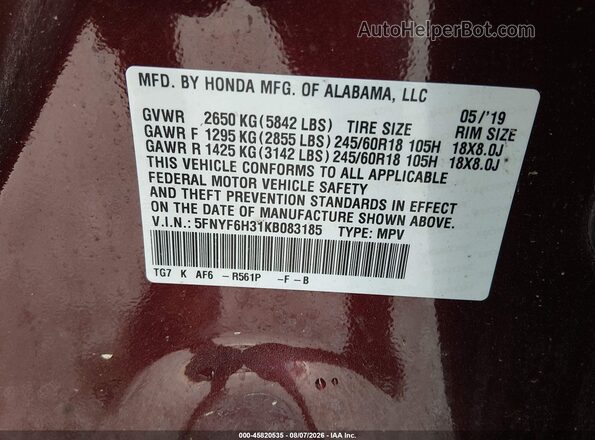 5FNYF6H31KB083185 2019 HONDA PILOT Burgundy Engine compartment view