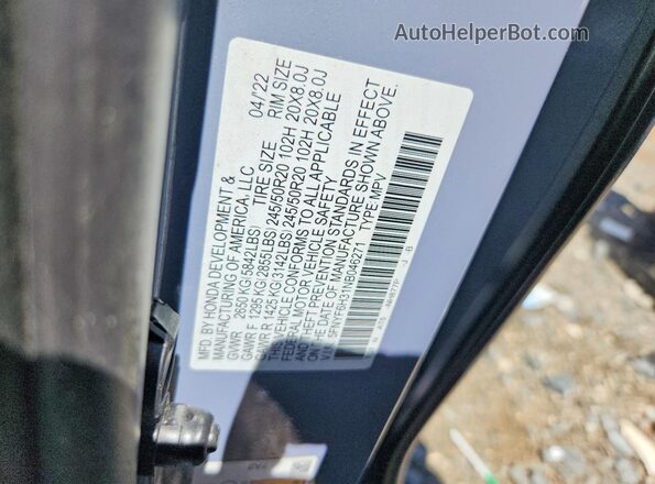 5FNYF6H31NB046271 2022 HONDA PILOT Gray Widok naklejki z numerem VIN