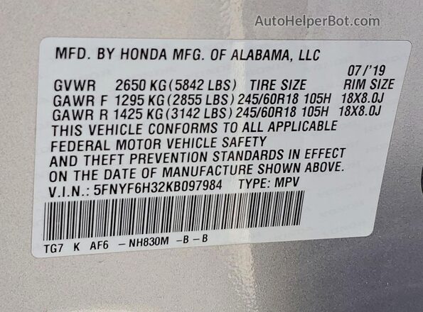 5FNYF6H32KB097984 2019 HONDA PILOT Silver Widok naklejki z numerem VIN