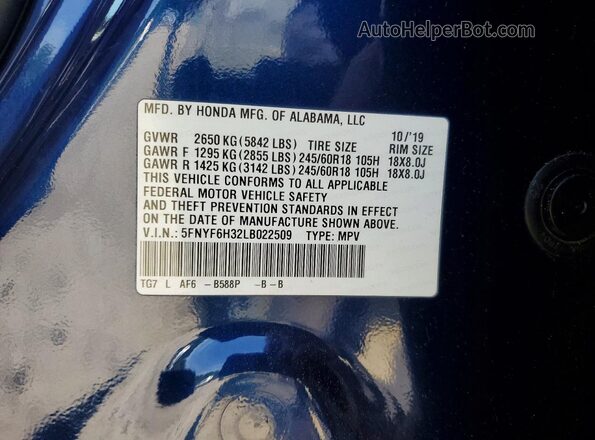 5FNYF6H32LB022509 2020 HONDA PILOT Синий Панорамный вид салона 360°