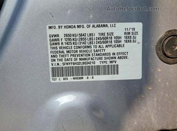 5FNYF6H32LB034210 2020 HONDA PILOT Silver Widok naklejki z numerem VIN
