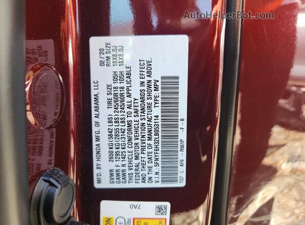 5FNYF6H32LB053114 2020 HONDA PILOT Red VIN კოდის სტიკერის ხედი