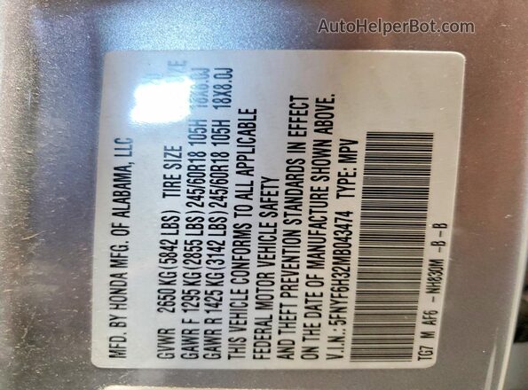 5FNYF6H32MB043474 2021 HONDA PILOT Silver Widok naklejki z numerem VIN