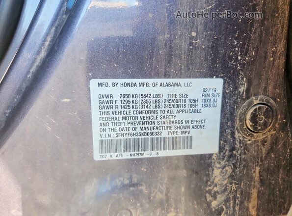 5FNYF6H35KB060332 2019 HONDA PILOT Gray Вид наклейки з VIN-кодом