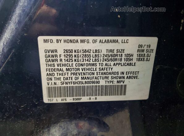 5FNYF6H35LB009690 2020 HONDA PILOT Синий Панорамный вид салона 360°
