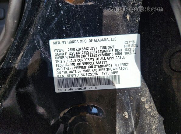 5FNYF6H38JB022656 2018 HONDA PILOT Черный Вид наклейки с VIN-кодом