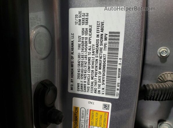 5FNYF6H38MB043477 2021 HONDA PILOT Silver VIN კოდის სტიკერის ხედი