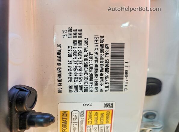 5FNYF6H38MB046315 2021 HONDA PILOT White VIN կոդի պիտակի տեսք