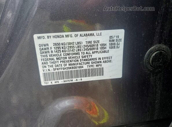 5FNYF6H39KB081684 2019 HONDA PILOT Серый Панорамный вид салона 360°