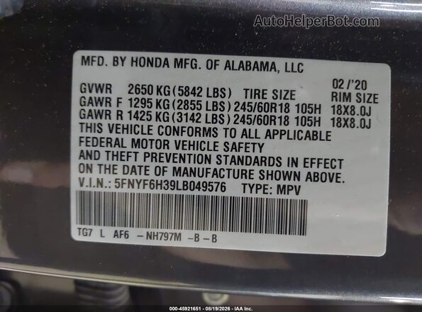 5FNYF6H39LB049576 2020 HONDA PILOT Gray Вид підкапотного простору