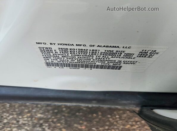 5FNYF6H40KB045049 2019 HONDA PILOT White VIN კოდის სტიკერის ხედი