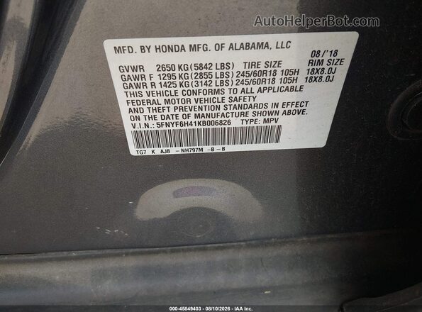 5FNYF6H41KB006826 2019 HONDA PILOT Серый Вид подкапотного пространства