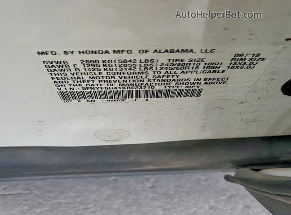 5FNYF6H41KB023710 2019 HONDA PILOT White VIN კოდის სტიკერის ხედი