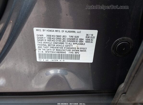 5FNYF6H41KB090842 2019 HONDA PILOT Gray Вид підкапотного простору