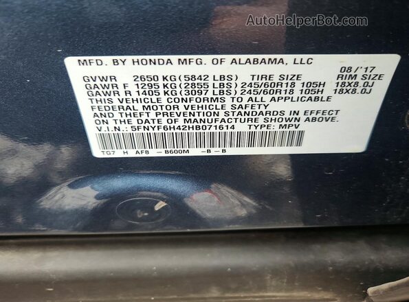5FNYF6H42HB071614 2017 HONDA PILOT Blue Widok naklejki z numerem VIN