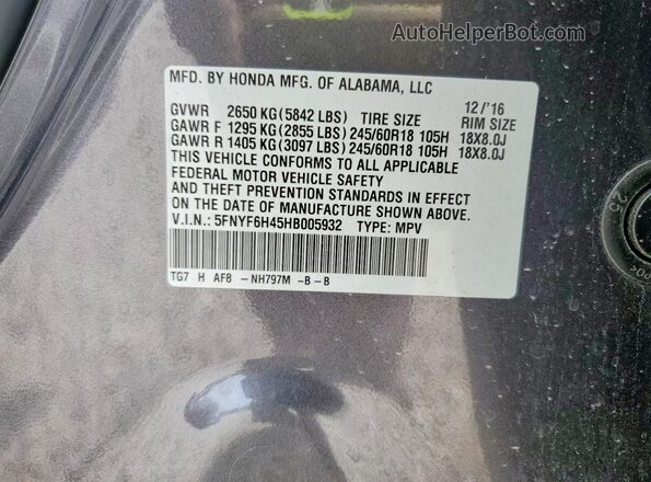 5FNYF6H45HB005932 2017 HONDA PILOT Black Vista de la etiqueta del VIN