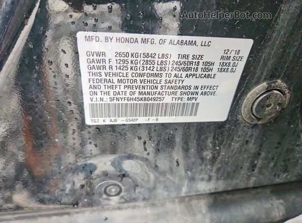 5FNYF6H45KB049257 2019 HONDA PILOT Green Widok naklejki z numerem VIN