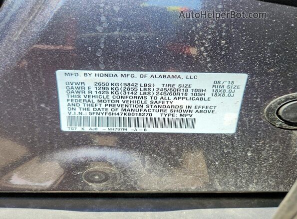 5FNYF6H47KB018270 2019 HONDA PILOT Gray VIN კოდის სტიკერის ხედი