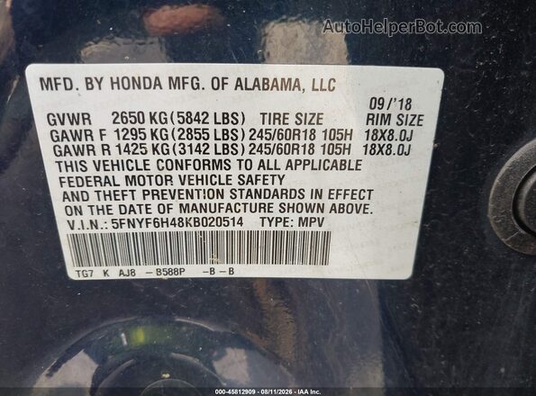 5FNYF6H48KB020514 2019 HONDA PILOT Синий Вид подкапотного пространства