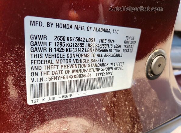 5FNYF6H4XKB036584 2019 HONDA PILOT Burgundy Widok komory silnika